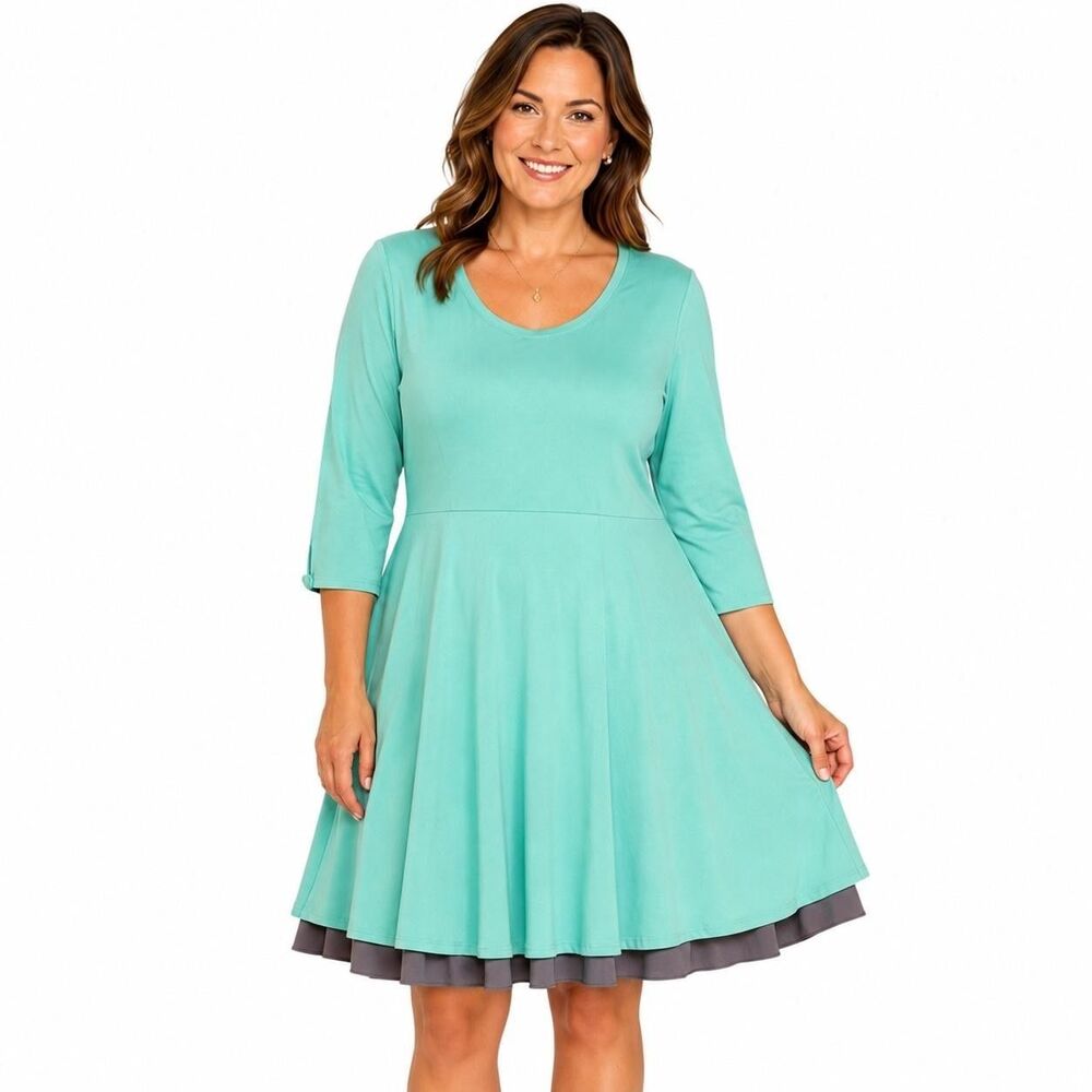 Matilda Jane Clothing Dress Womens Size Large Blue 3/4 Sleeve Fit Flare Ruffle